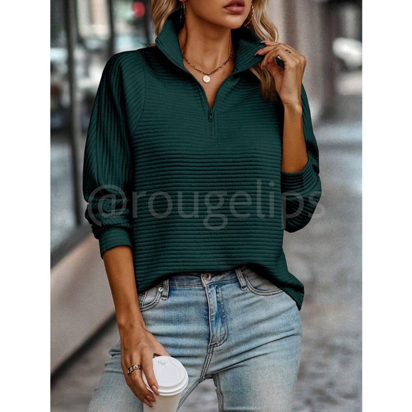 Ribbed Dark Green Long Sleeve Pullover Sweatshirt Zip Up Neck - Picture 3 of 6